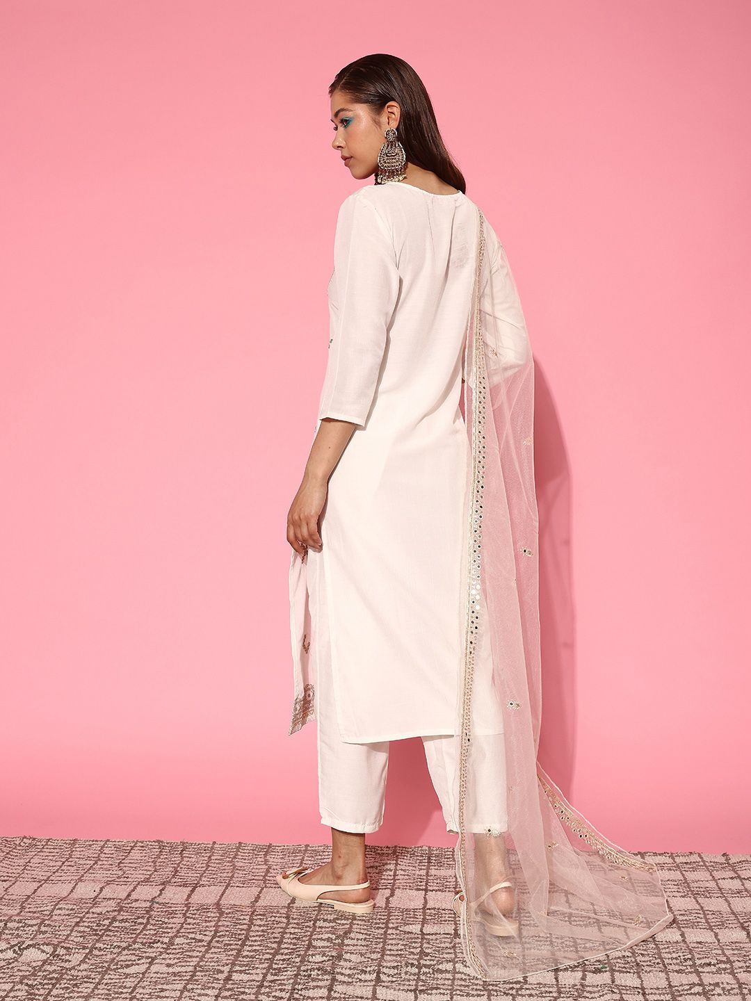 Indyancart IE Women Embroidered Regular Mirror Work Kurta with Trousers & With Dupatta