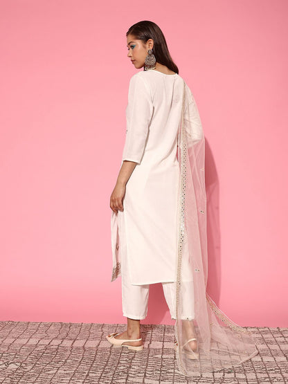 Indyancart IE Women Embroidered Regular Mirror Work Kurta with Trousers & With Dupatta