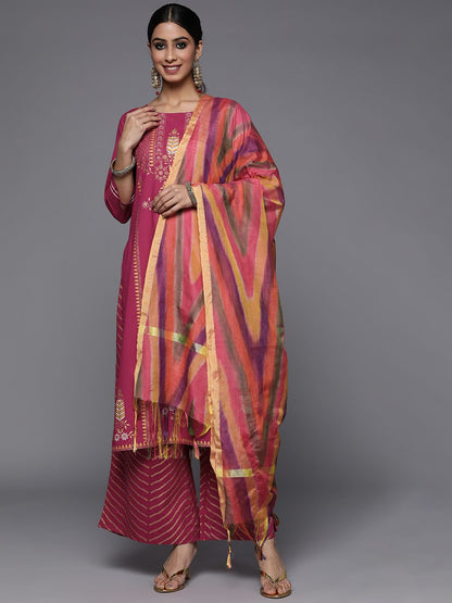 Indyancart VA Women's Fuchsia Pink & Golden Floral Print Cotton Kurta with Palazzos & Dupatta