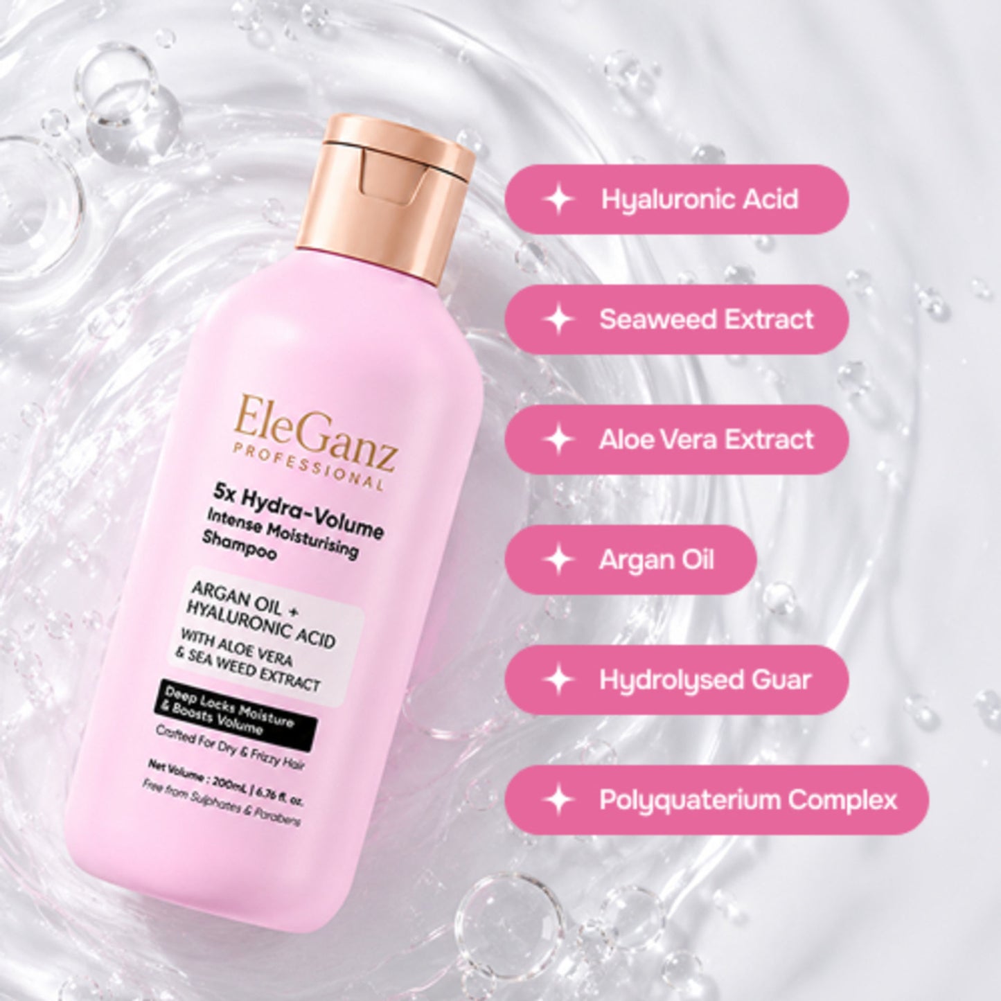 Eleganz Professional Hyaluron Moisture Anti-frizz Shampoo with Hyaluronic Acid For 72 HR Frizzy Hair