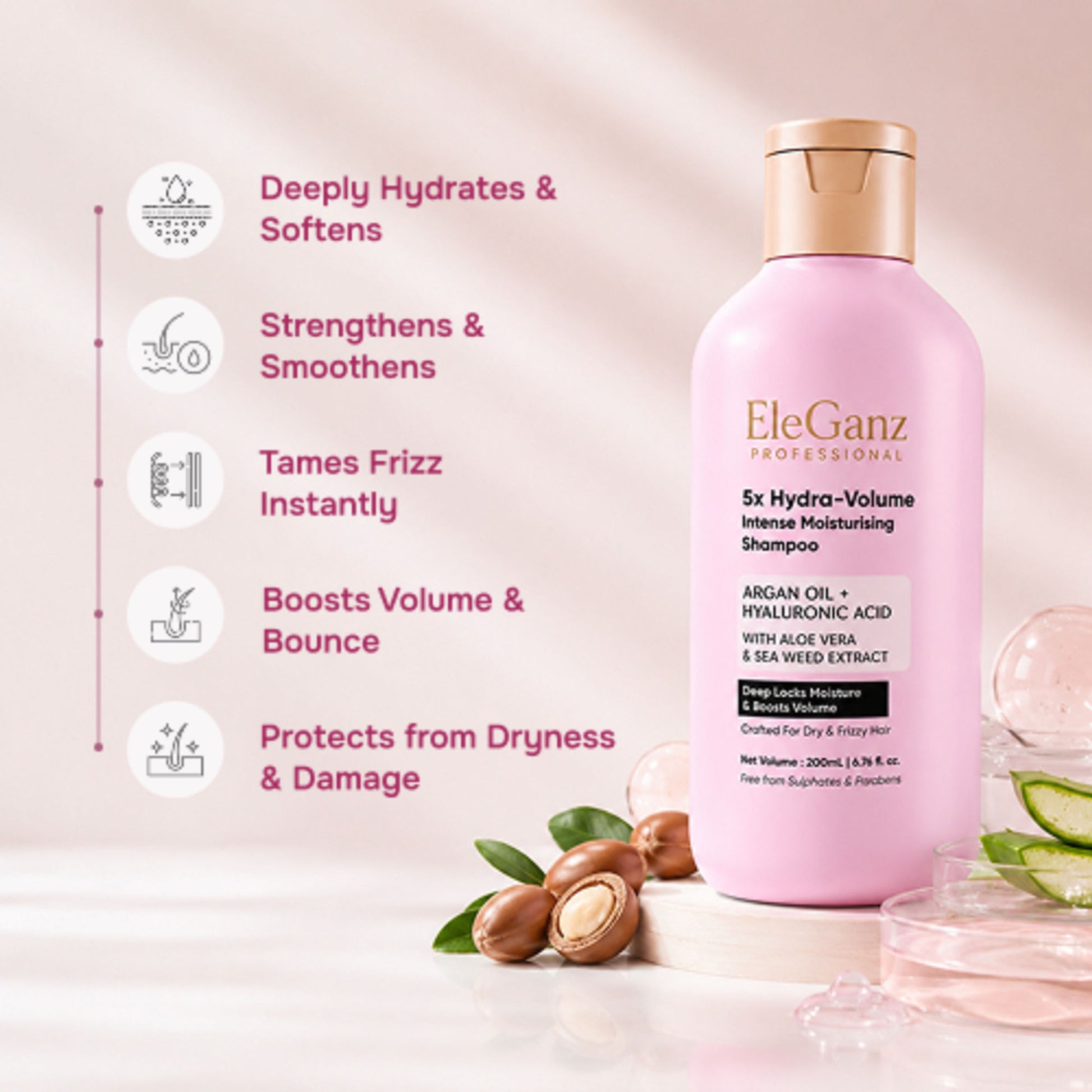 Eleganz Professional Hyaluron Moisture Anti-frizz Shampoo with Hyaluronic Acid For 72 HR Frizzy Hair