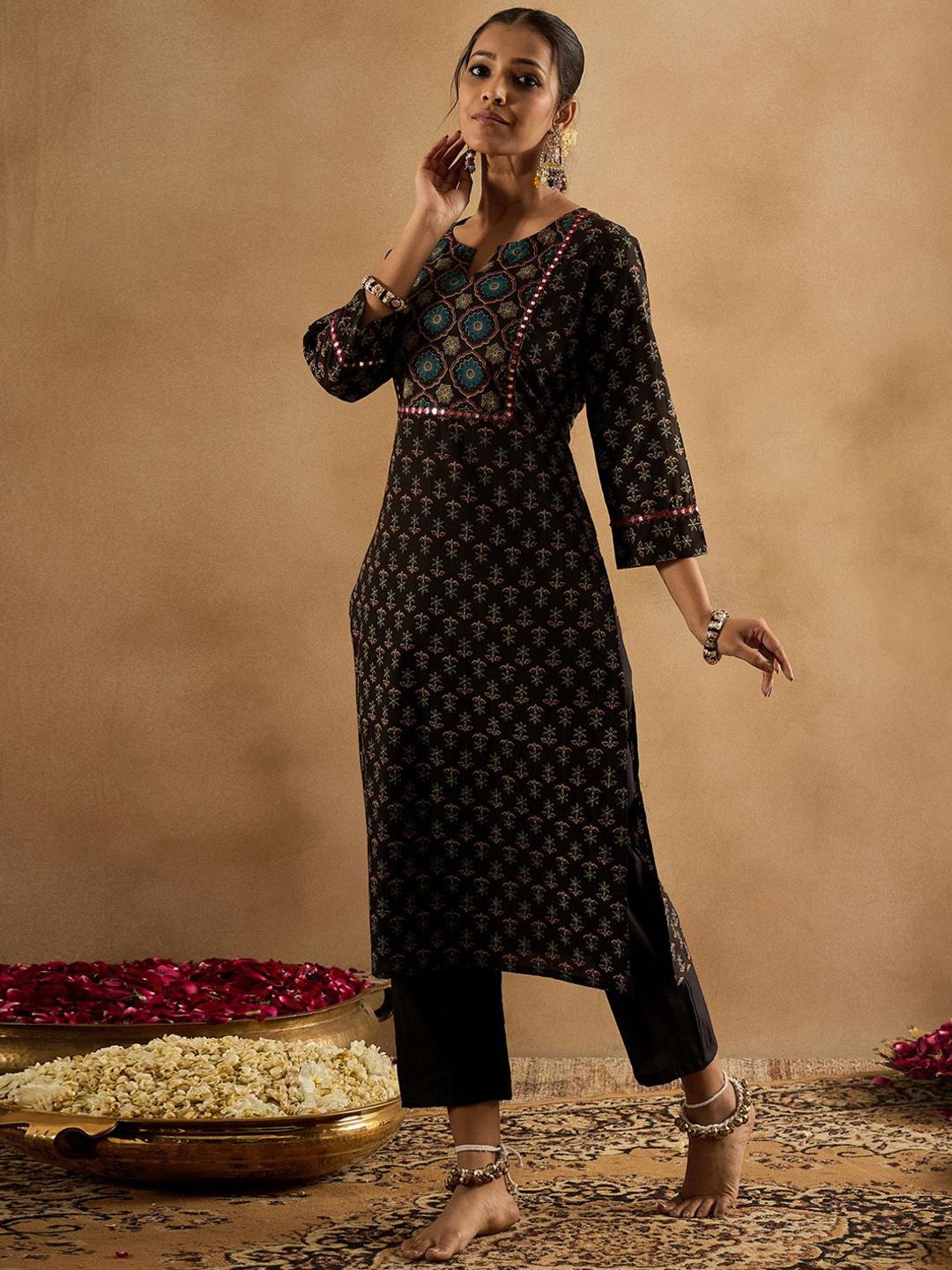 Indyancart IE Floral Printed Notch Neck Mirror Work Pure Cotton Straight Kurta