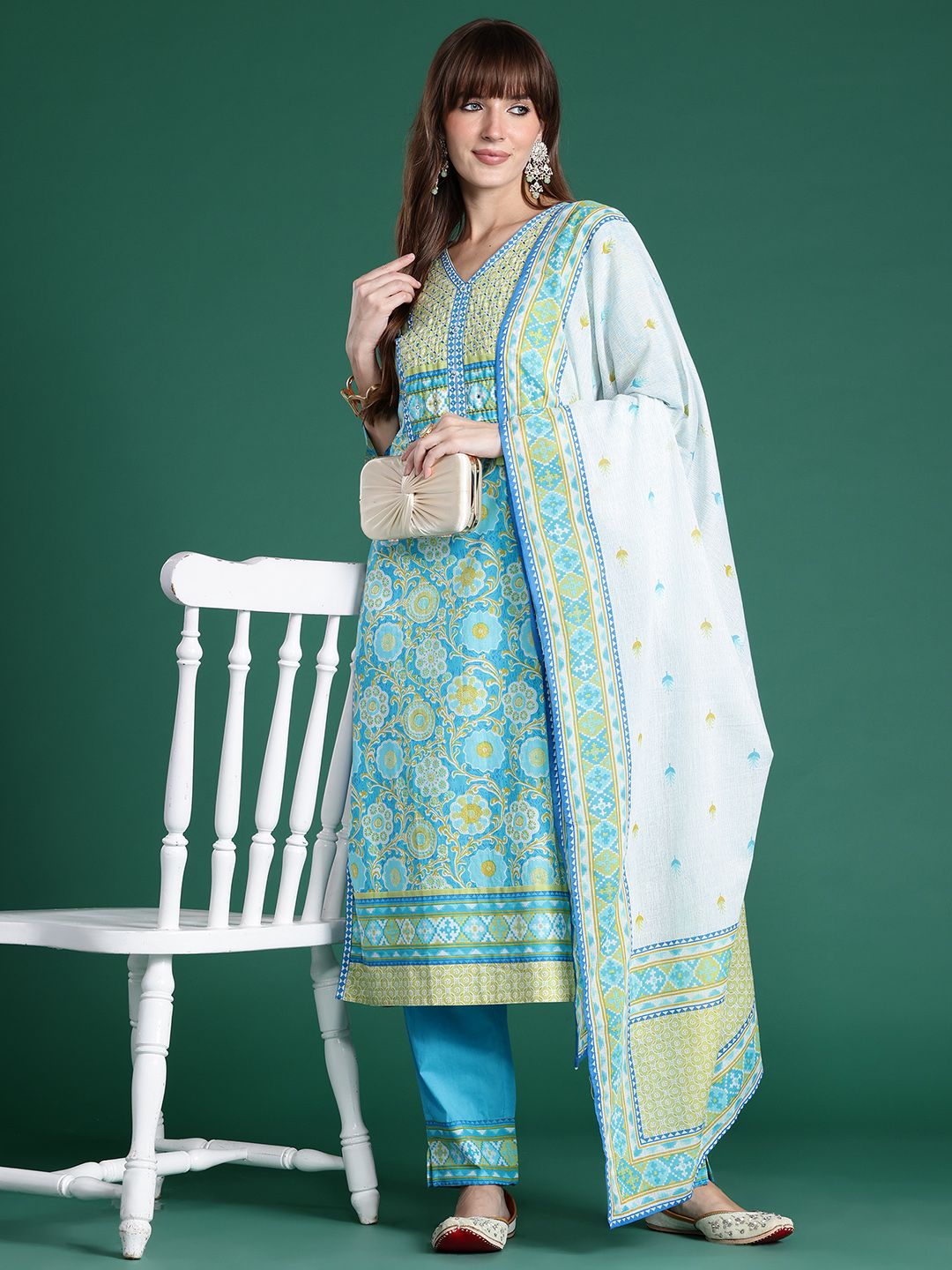 Floral Printed Mirror Work Pure Cotton Kurta with Trousers & Dupatta