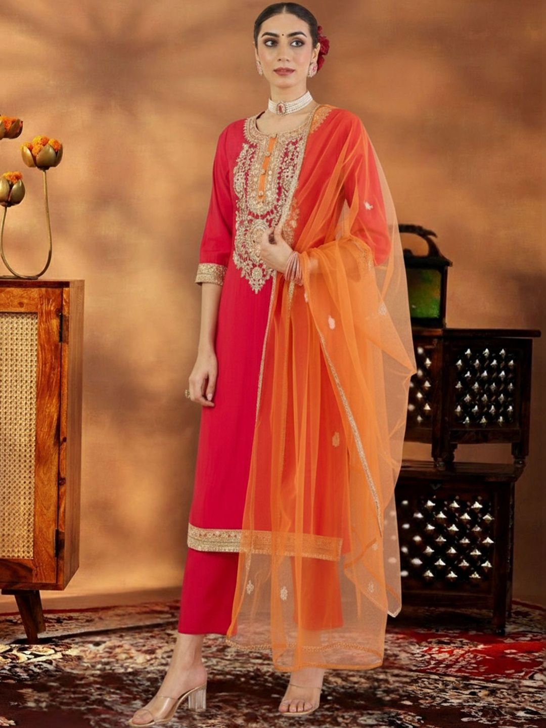 Women Ethnic Motifs Embroidered Regular Sequinned Kurta with Trousers & With Dupatta