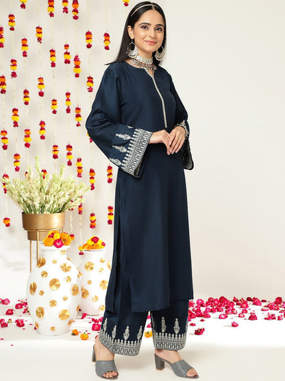 Indyancart VA Women'sEthnic Motifs Zari Embroidered Regular Kurta With Trousers & With Dupatta