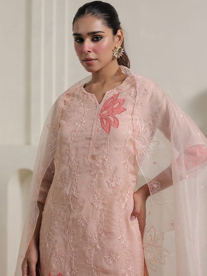 Floral Embroidered Thread Work Organza Straight Kurta With Trousers & Dupatta