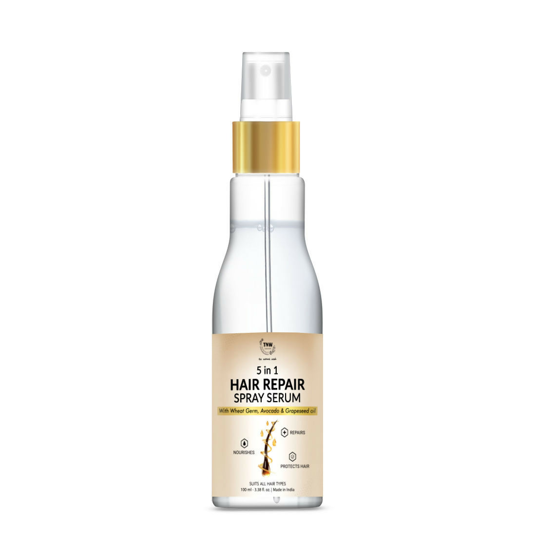 The Natural Wash 5-in-1 Hair Spray Serum with wheat germ oil, showing a sleek bottle with a pump dispenser for hair care.