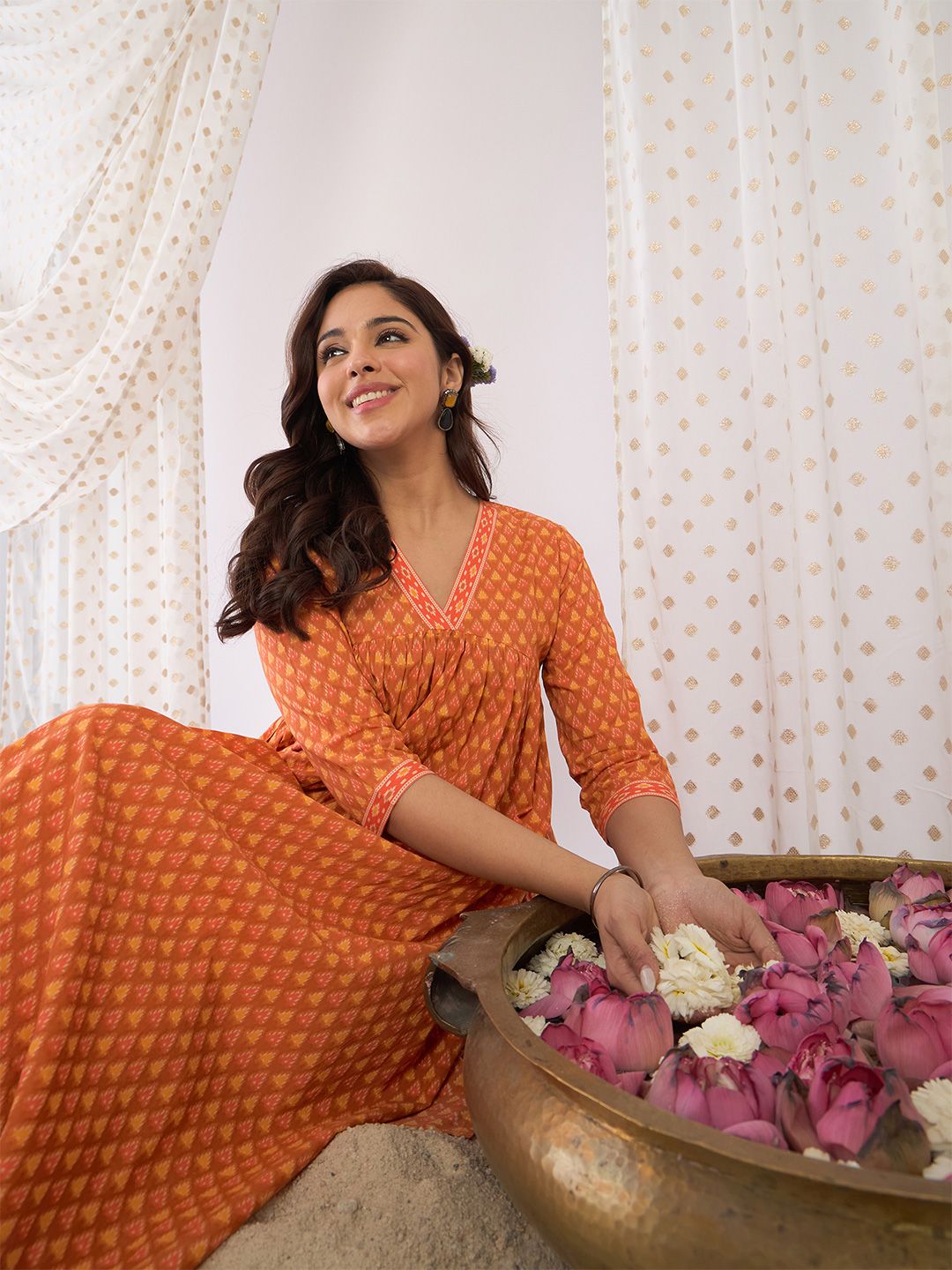 Floral Printed Empire Pure Cotton A-Line Kurta With Trousers