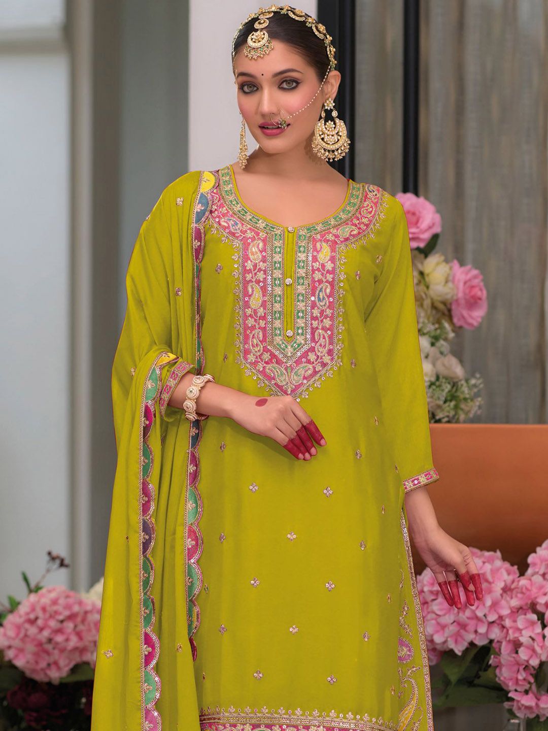 Embroidered Sequinned Kurta With Palazzos & Dupatta