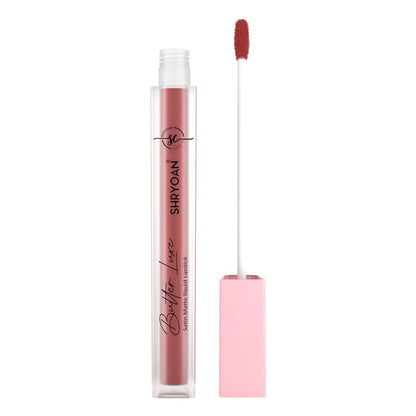Shryoan Butter Luxe Satin Matte Liquid Lipstick in Apricot 01, showcasing the smooth applicator and creamy apricot shade.