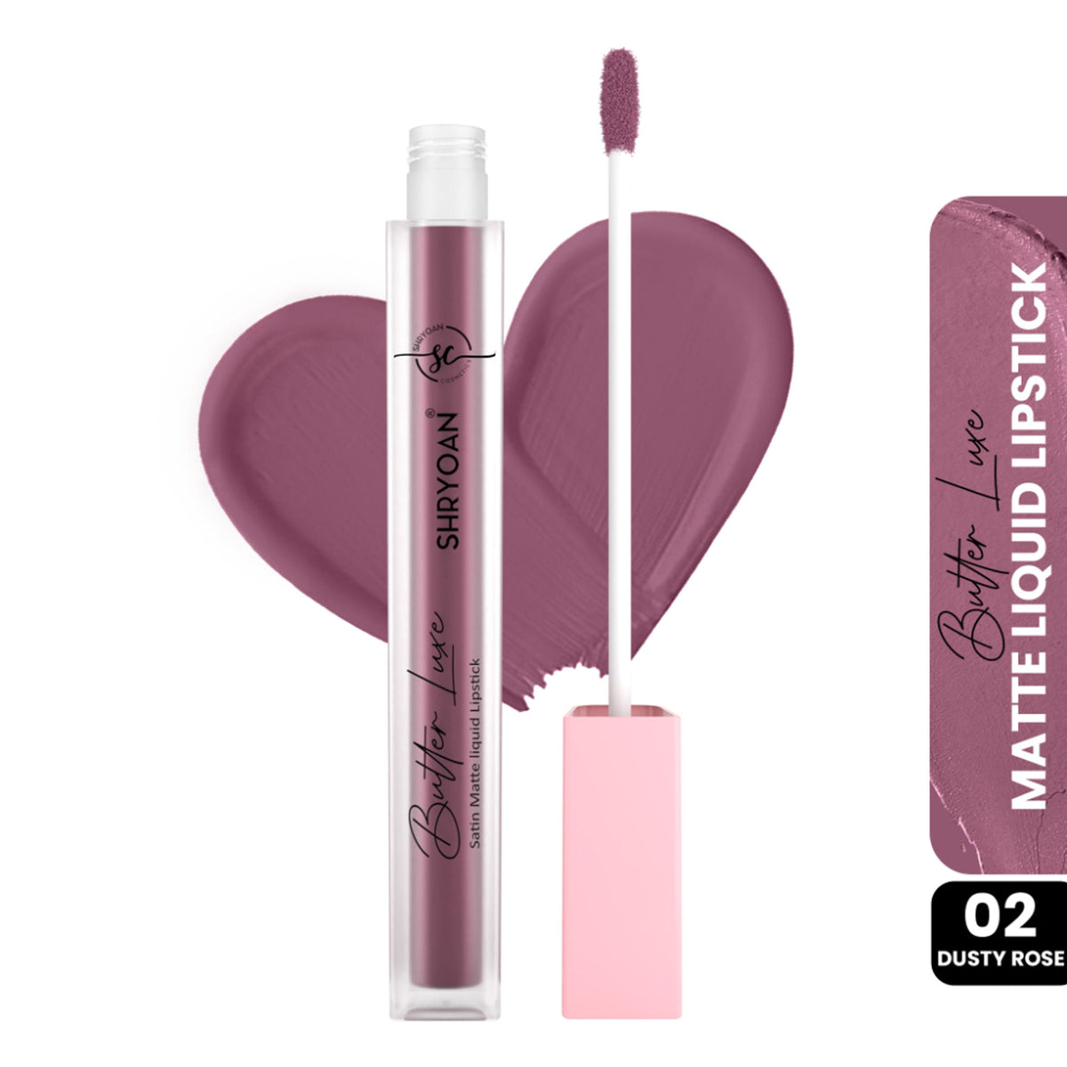 Shryoan Butter Luxe Satin Matte Liquid Lipstick in Dusty Rose 02, showcasing the smooth, matte lipstick tube with shade swatch.