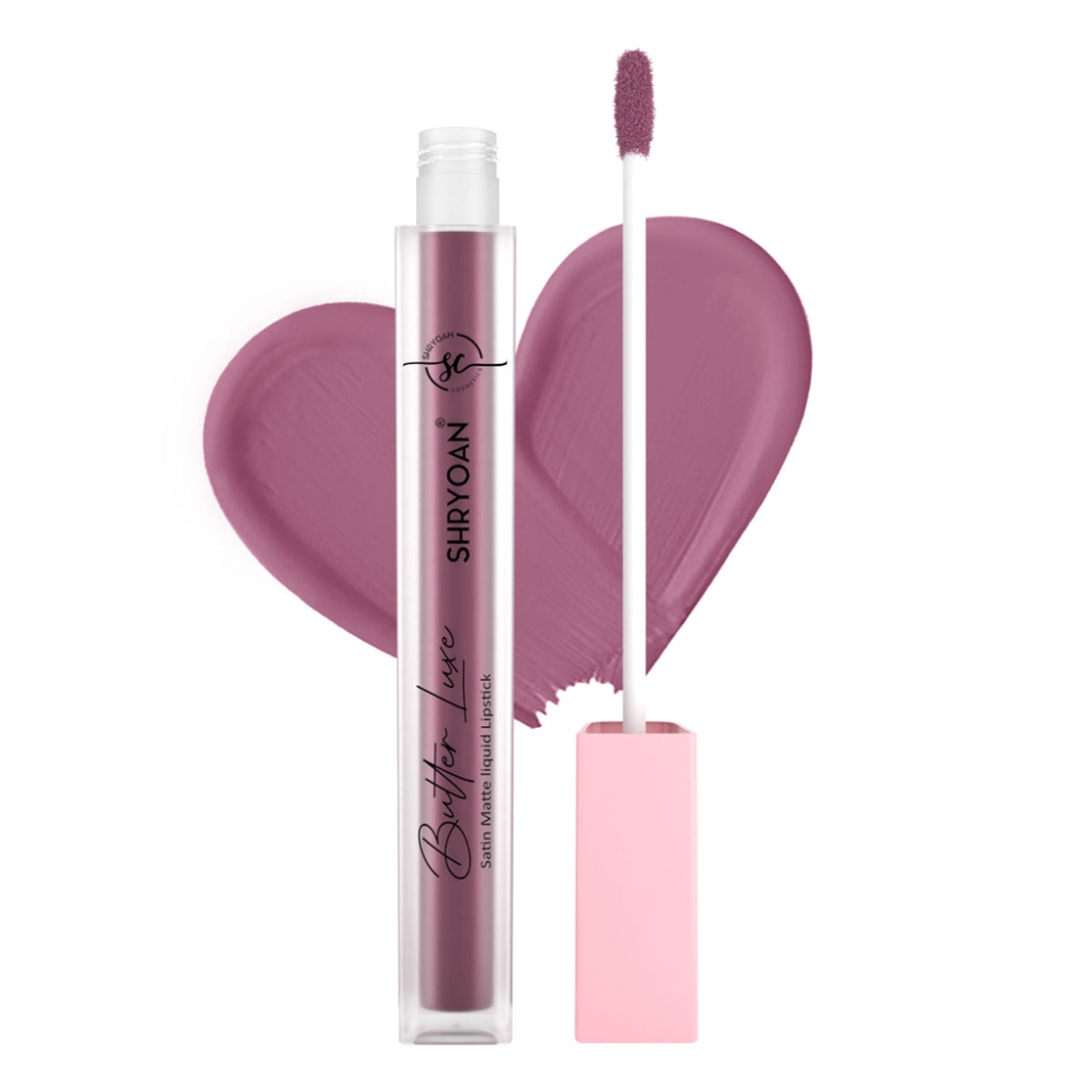 Shryoan Butter Luxe Satin Matte Liquid Lipstick in Dusty Rose 02, showcasing the smooth, matte finish and elegant packaging.