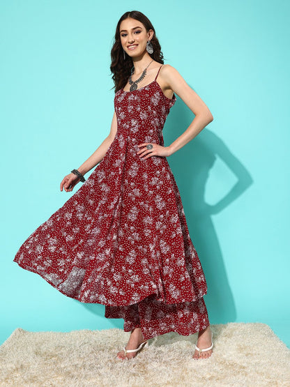 Indyancart VA Women'sFloral Printed Empire Silk Georgette Kurta with Palazzos & With Dupatta