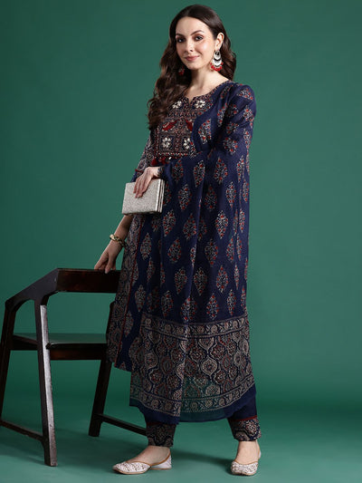 Indyancart IE Ethnic Motifs Printed Panelled Mirror Work Pure Cotton Kurta Set