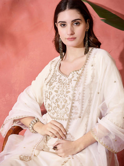 Indyancart SN Women's Floral Embroidered Round Neck Straight Kurta With Trousers & Dupatta