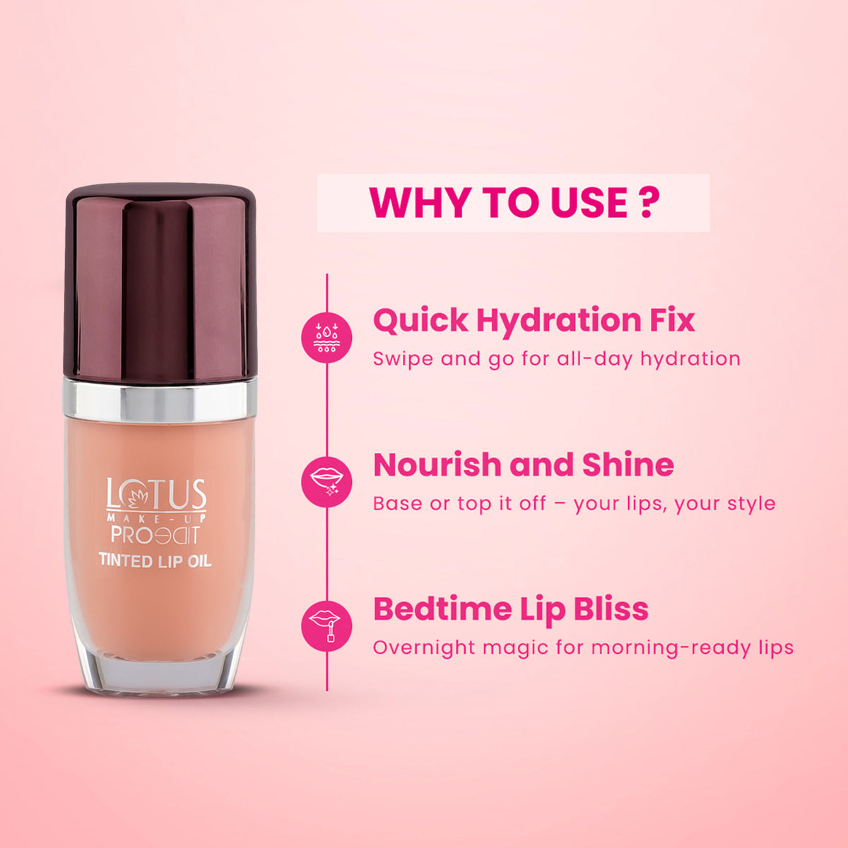Lotus Make Up Proedit Tinted Lip Oil in Nude shade, featuring a sleek tube and applicator for smooth, tinted lip color.