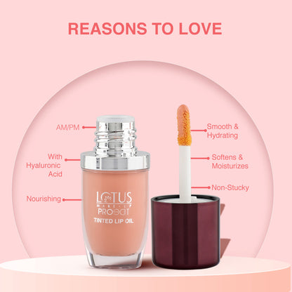 Lotus Make Up Proedit Tinted Lip Oil in Nude shade, featuring a clear tube with a doe-foot applicator and glossy finish.