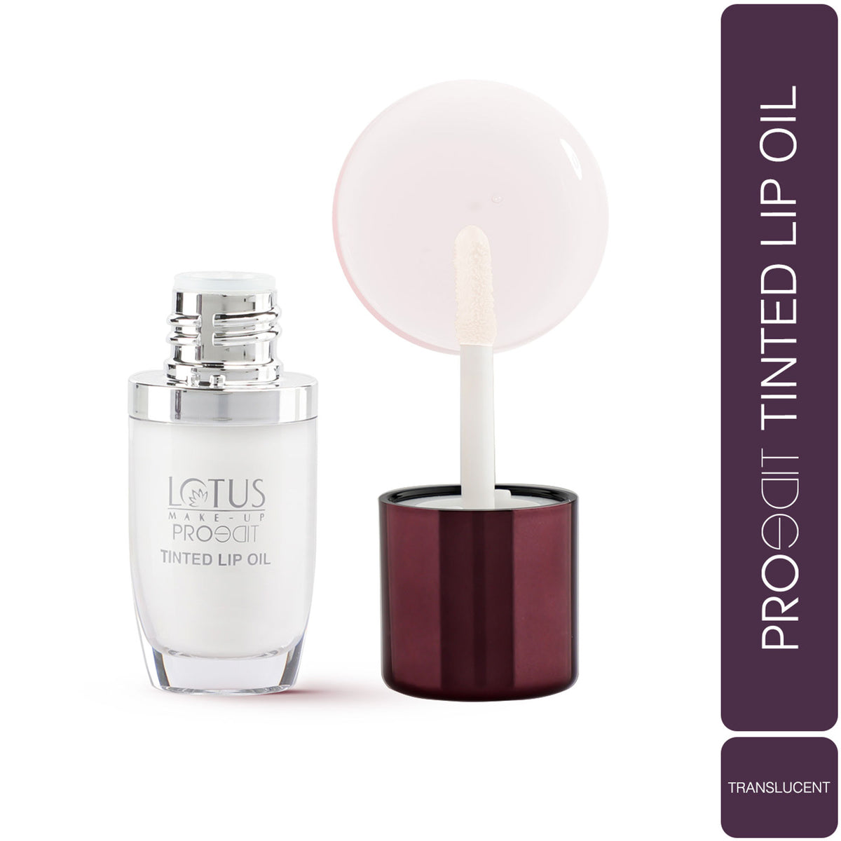 Lotus Make Up Proedit Tinted Lip Oil in Transeculant, showcasing the glossy, tinted lip oil applicator on a neutral background.