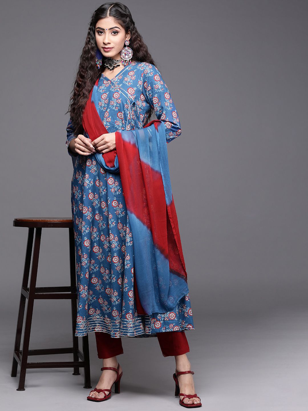 Indyancart VA Women's Blue Ethnic Motifs Printed Angrakha Gotta Patti Kurta with Trousers & With Dupatta