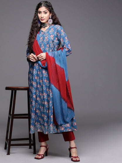 Indyancart VA Women's Blue Ethnic Motifs Printed Angrakha Gotta Patti Kurta with Trousers & With Dupatta