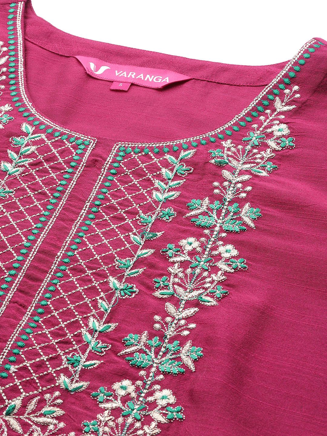 Indyancart VA Women'sEthnic Motifs Embroidered Dupion Silk Kurta With Trousers & With Dupatta