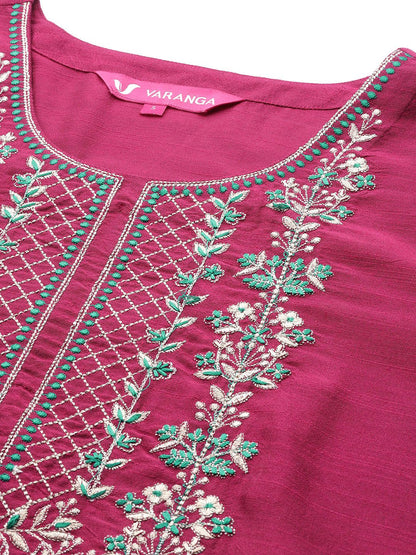 Indyancart VA Women'sEthnic Motifs Embroidered Dupion Silk Kurta With Trousers & With Dupatta