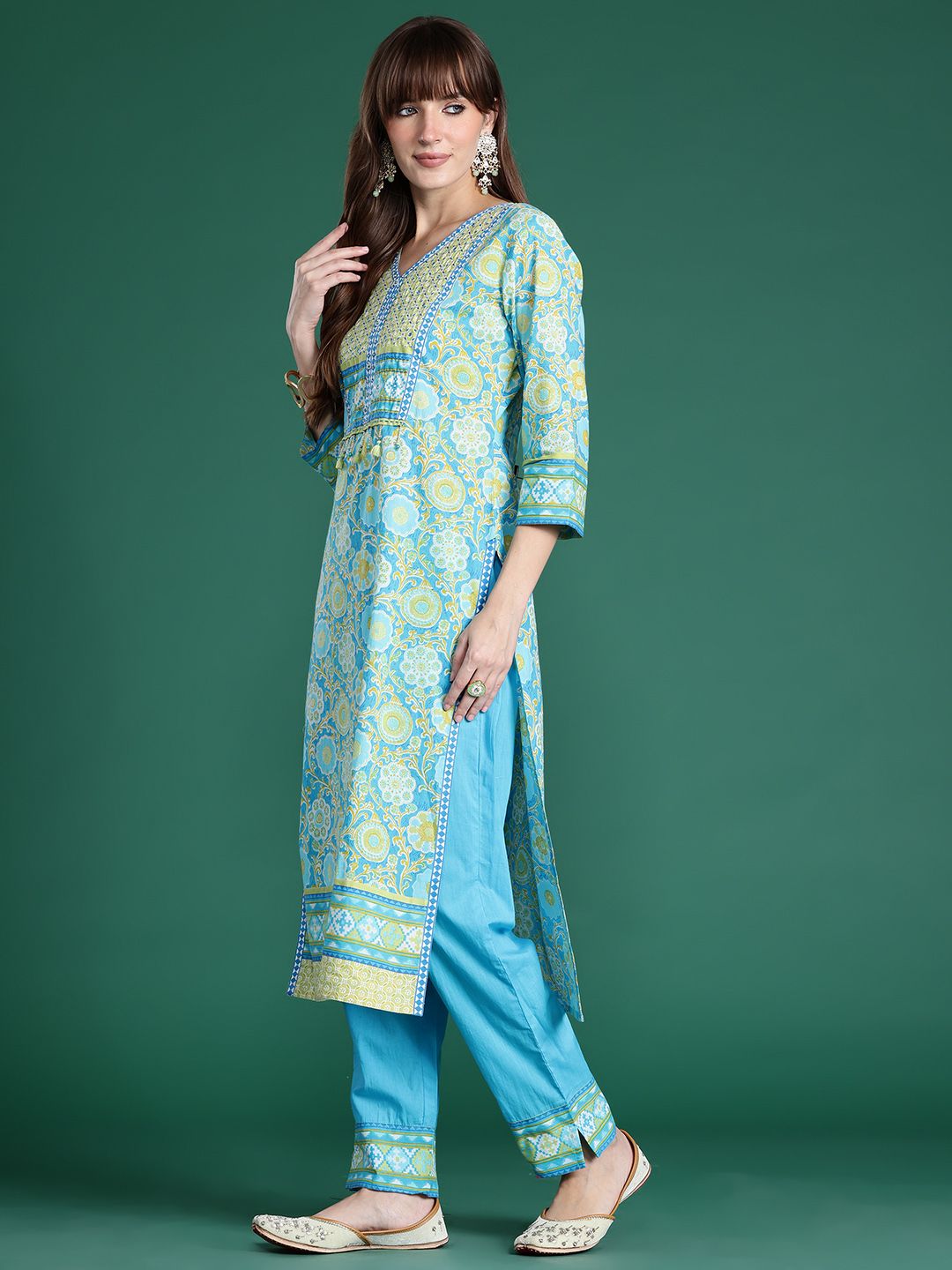Floral Printed Mirror Work Pure Cotton Kurta with Trousers & Dupatta