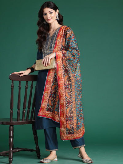 Indyancart IE Ethnic Motifs Embroidered Sequinned Liva Kurta With Trousers & Dupatta