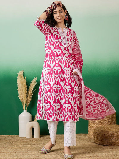 Indyancart SN Women's Notch Neck Printed Pure Cotton Kurta With Trousers & Dupatta