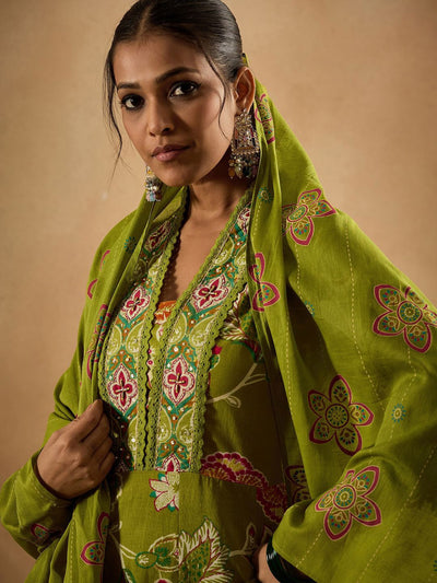 Indyancart IE Floral Printed Empire Pure Cotton Anarkali Kurta With Trouser & Dupatta