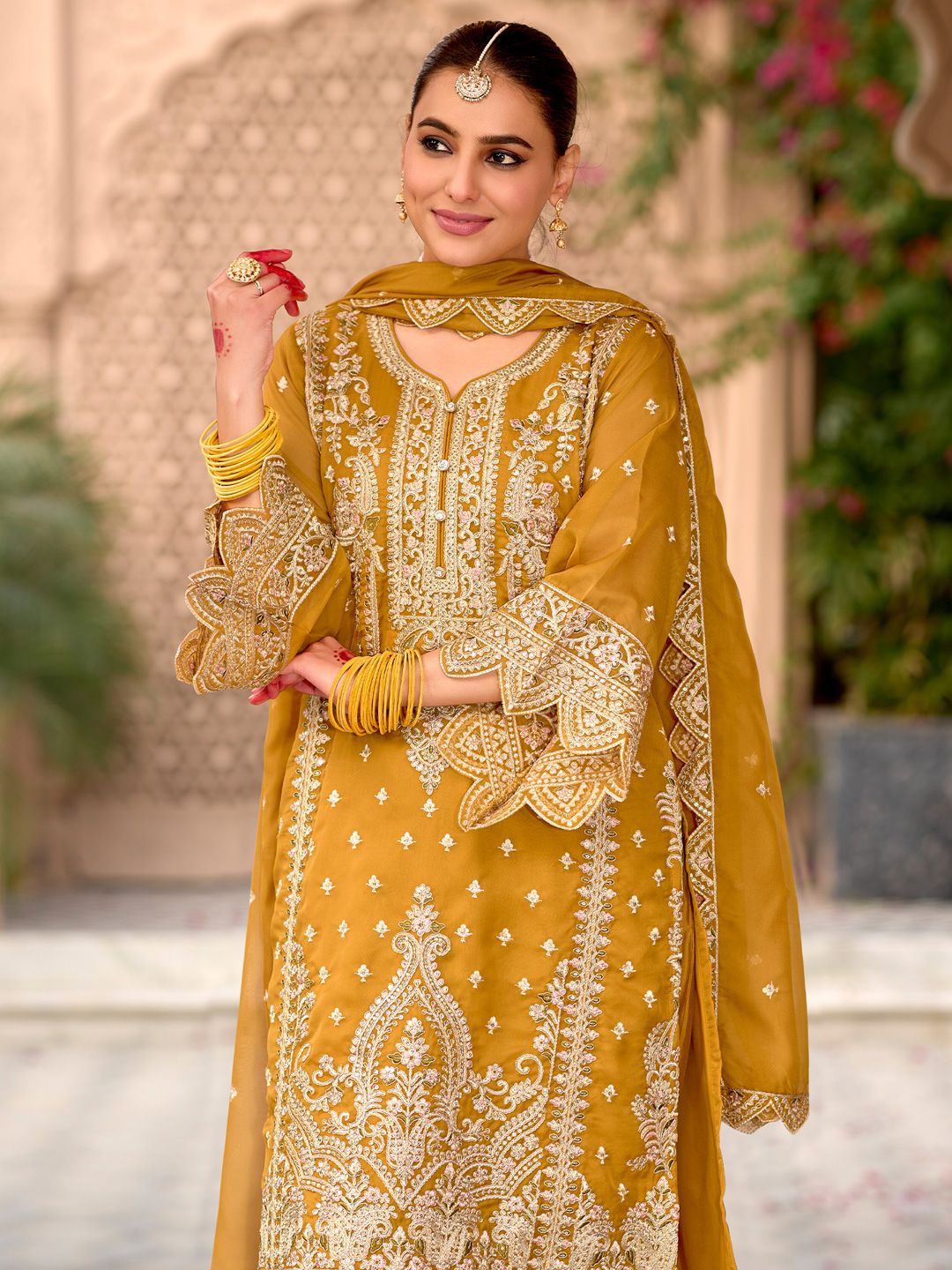 Floral Embroidered Zari Organza Kurta With Trousers And Dupatta