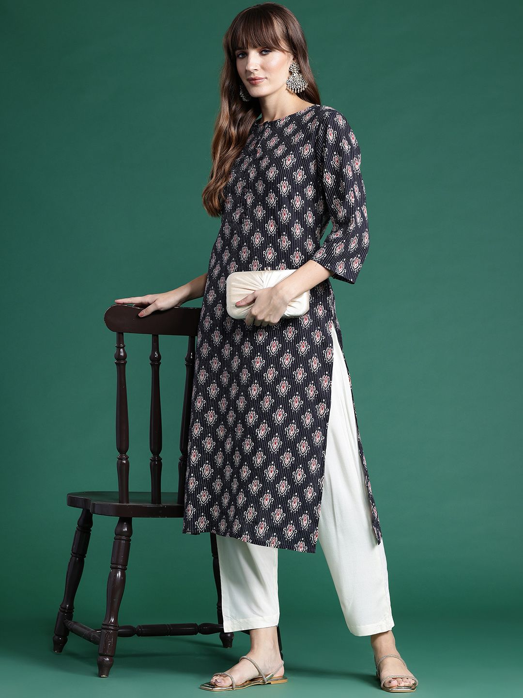 Indyancart IE Ethnic Motifs Printed Kantha Work Pure Cotton Kurta