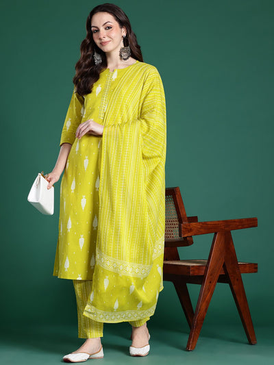 Indyancart IE Geometric Printed Sequinned Pure Cotton Kurta with Trousers & Dupatta