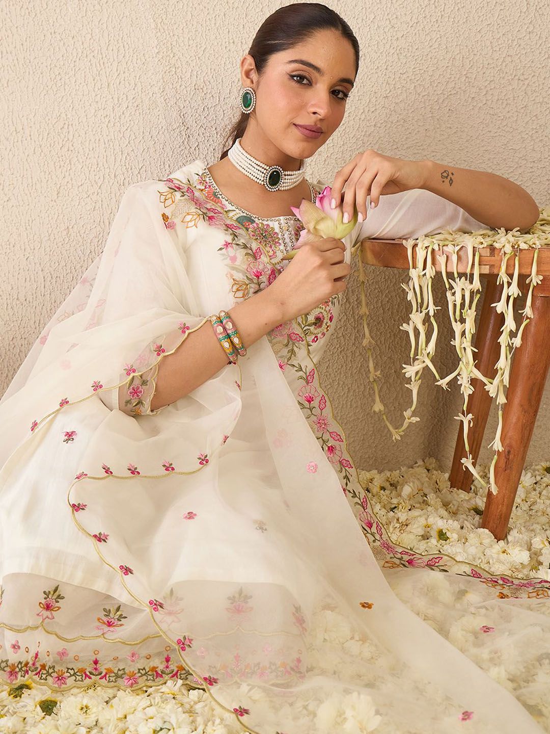 Floral Embroidered Round Neck Kurta With Trousers & Dupatta
