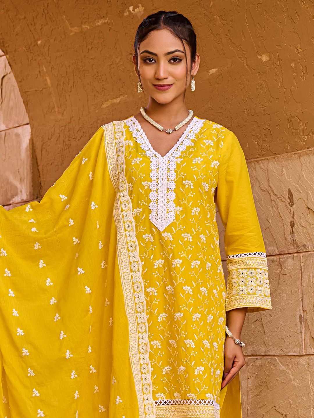 Women Ethnic Motifs Embroidered Pure Cotton Kurta with Trouser & Dupatta