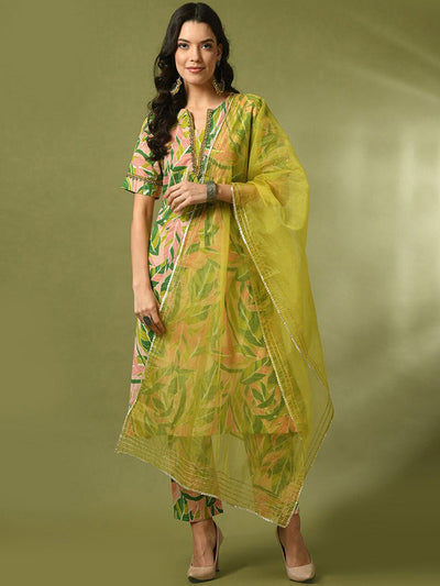 Indyancart SN Women's Floral Printed Cotton Straight Kurta With Trousers & Duppatta