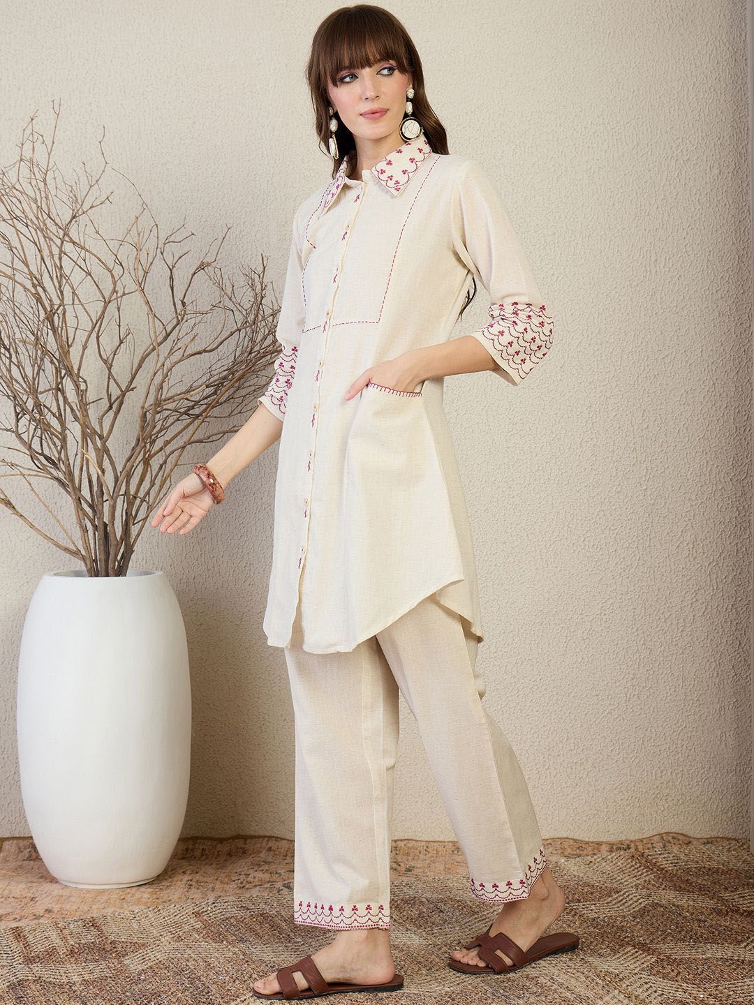 Indyancart IE Embroidered A-Line Shirt Collar Neck Top With Trousers Co-Ords