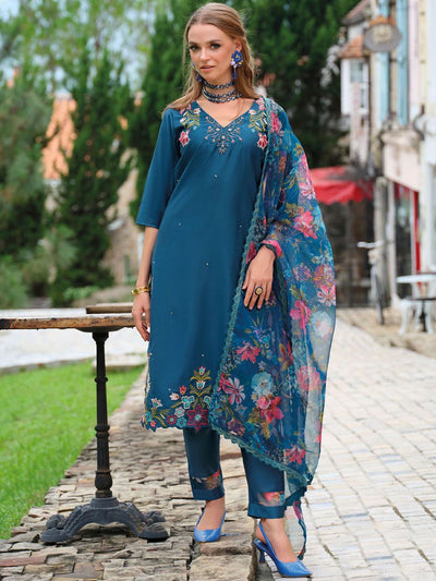 Indyancart IE Women Floral Embroidered Thread Work Liva Kurta with Trousers & Dupatta