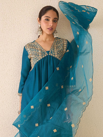 Women Ethnic Motifs Embroidered Empire Gotta Patti Kurta with Trousers & With Dupatta