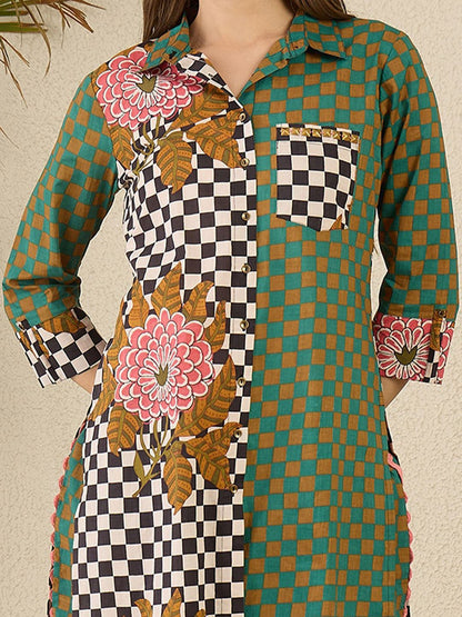 Women Checked Regular Pure Cotton Kurta with Trousers