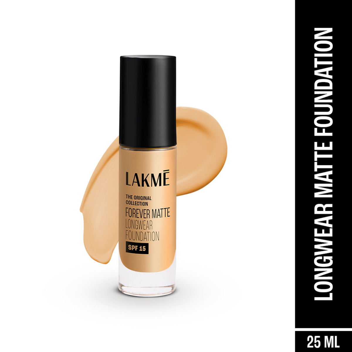 Lakme Forever Matte Longwear Foundation in Warm Creme, close-up of the bottle showing the product label and packaging.