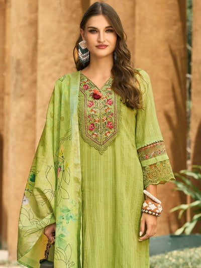Indyancart IE Women Floral Regular Thread Work Linen Kurta with Trousers & With Dupatta