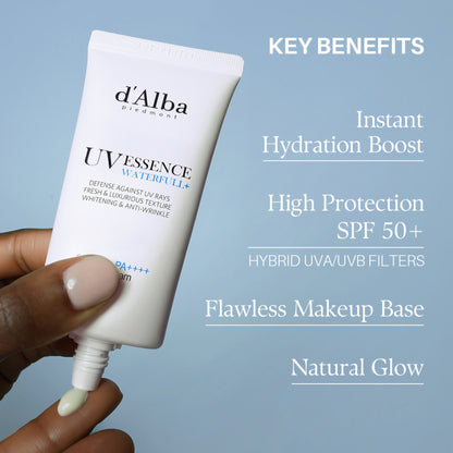 d'Alba piedmont Waterfull Essence Sun Cream, Vegan Lightweight, Broad Spectrum SPF 50+, Glowy