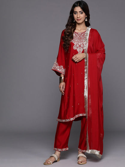 Indyancart VA Women'sPaisley Embroidered Zari Kurta with Trousers & Dupatta