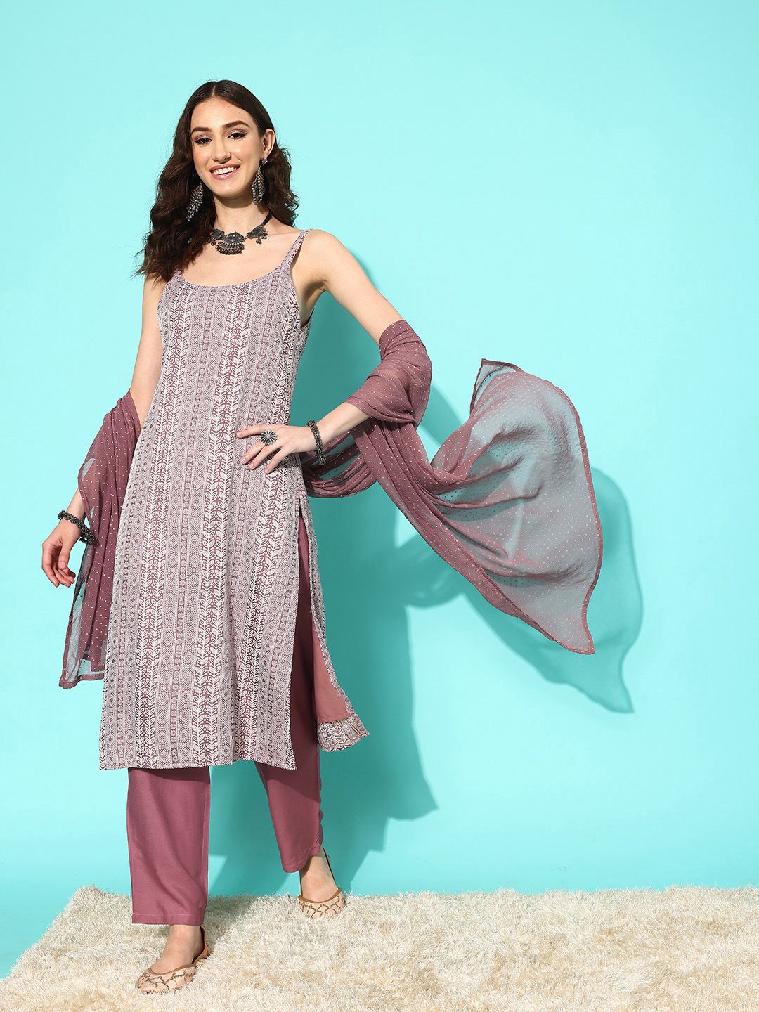 Indyancart VA Women's Mauve Ethnic Motifs Embroidered Regular Kurta with Trousers & With Dupatta