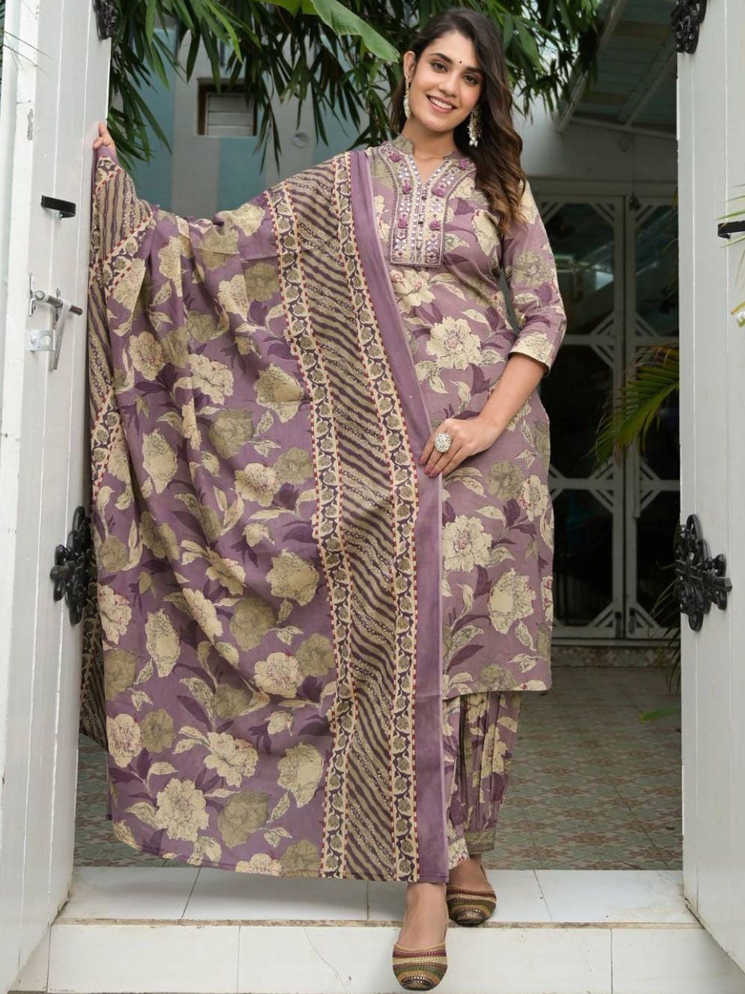 Indyancart VA Women'sFloral Printed Regular Mirror Work Pure Cotton Kurta with Salwar & Dupatta