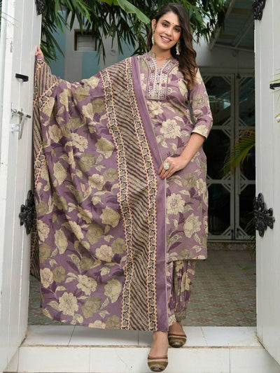 Indyancart VA Women'sFloral Printed Regular Mirror Work Pure Cotton Kurta with Salwar & Dupatta