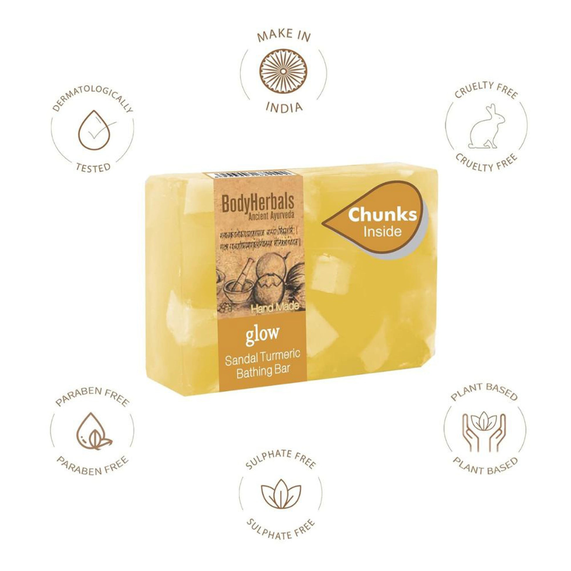 BodyHerbals Glow, Hand Made Sandal Turmeric Bathing Bar With Natural Chunks