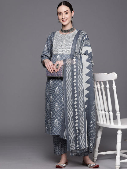 Indyancart IE Women Floral Printed Regular Sequinned Pure Cotton Kurta with Trousers & With Dupatta