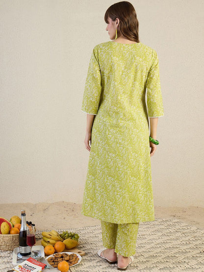 Indyancart IE Embroidered Pure Cotton Round Neck Top With Trousers Co-Ords